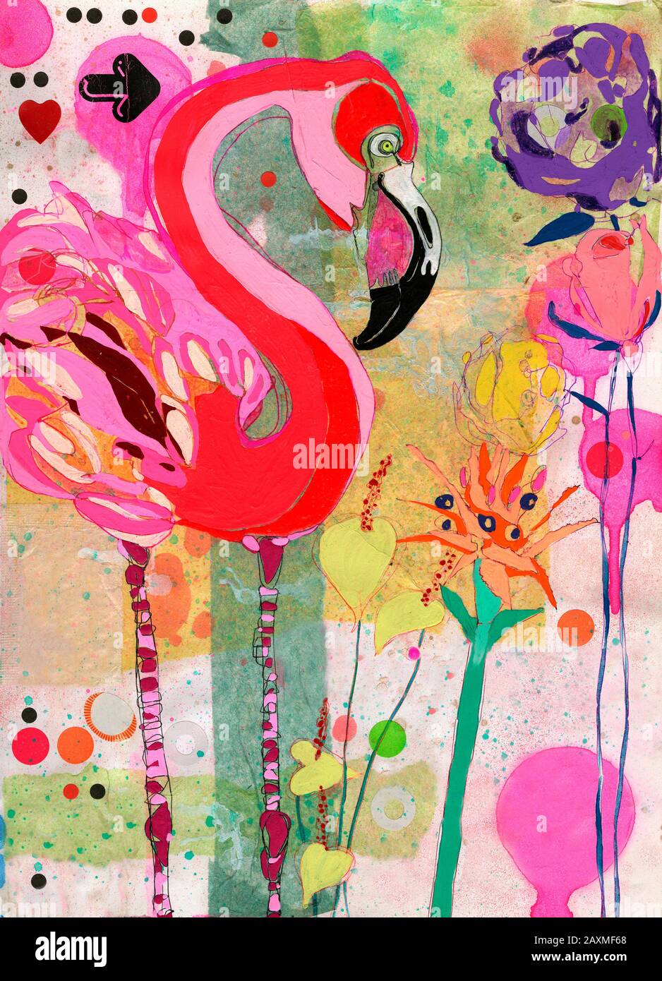 Bright color Flamingo and flowers Stock Photo