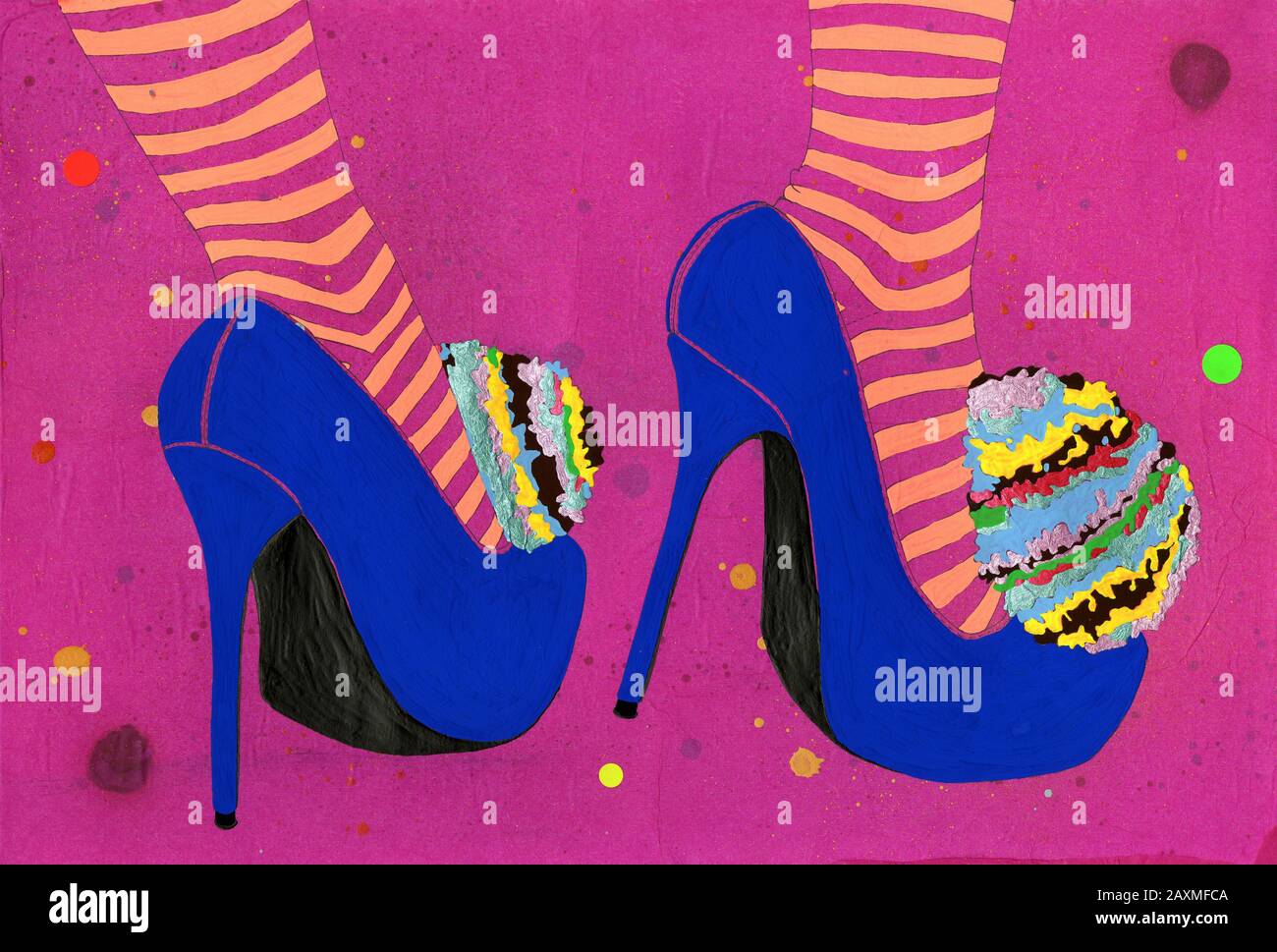 Low section of woman's feet in striped tights wearing bright blue stilettos with multicolored pom poms Stock Photo