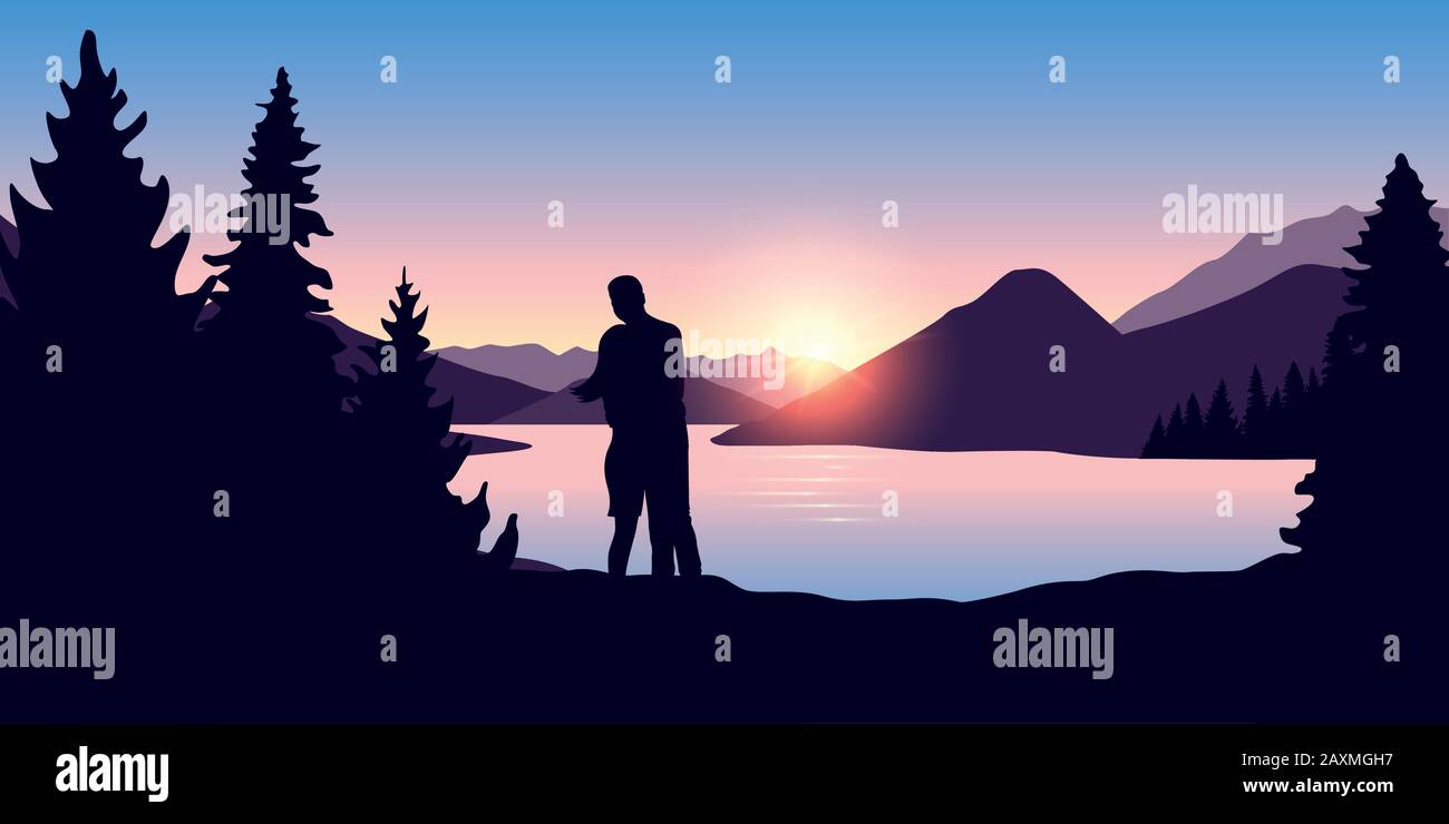 young couple by the river in forest nature landscape at sunrise vector illustration EPS10 Stock Vector
