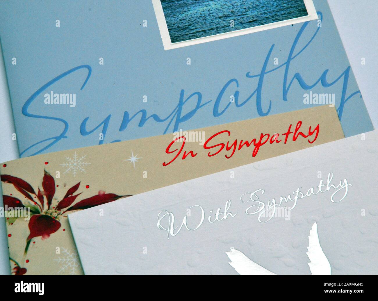 Detail of the covers of three 'Sympathy' cards, sent after a bereavement Stock Photo