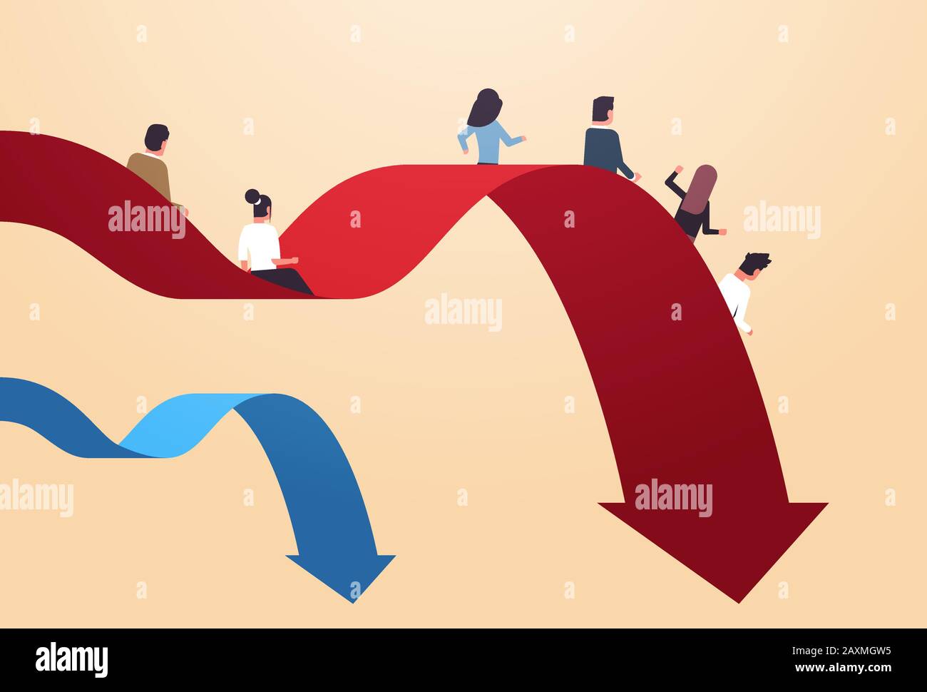 businesspeople sliding down falling economic arrow financial crisis ...