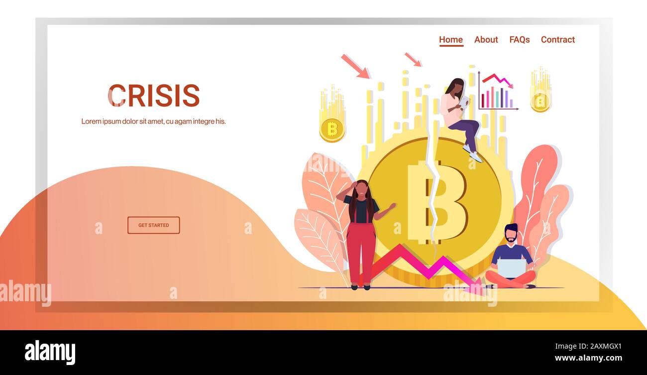 mix race businesspeople frustrated about fallen in price bitcoin collapse of crypto currency falling down arrow financial crisis bankrupt investment risk concept full length horizontal copy space vector illustration Stock Vector