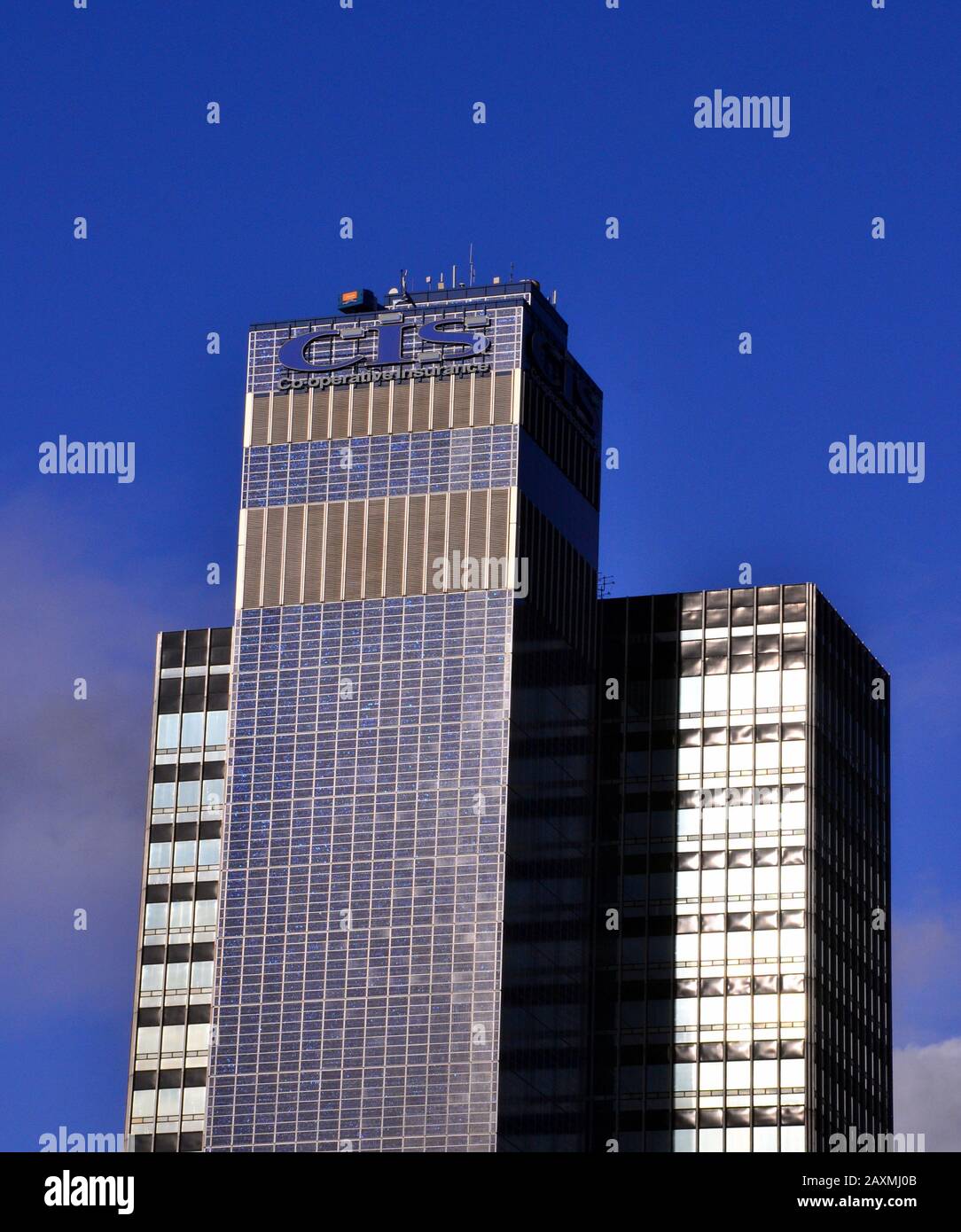 The CIS Tower, an office skyscraper on Miller Street in Manchester, England, against a blue sky. It was built by the Co-operative Group. Stock Photo