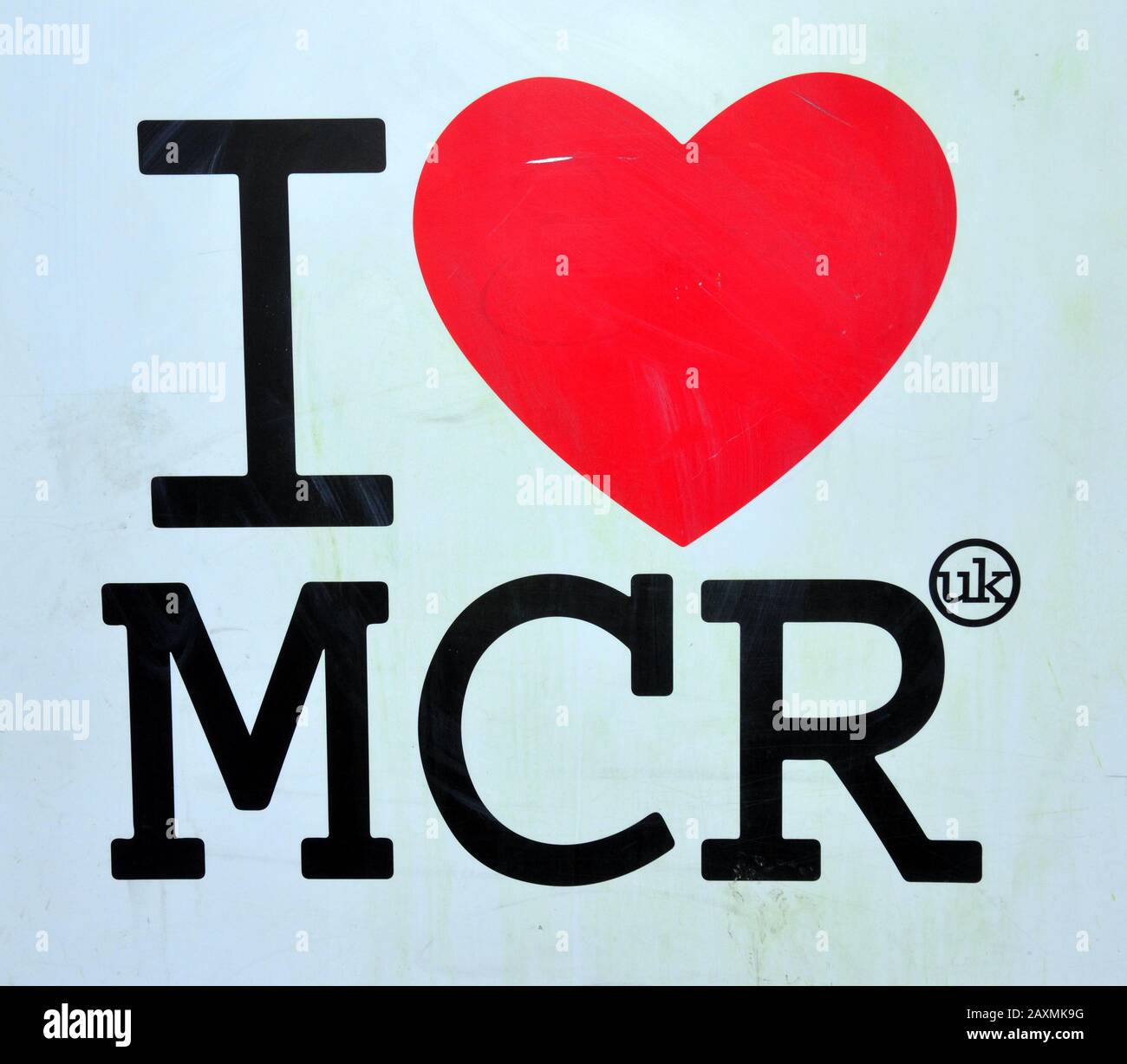 An 'I love Mcr' sign, using the image of a heart to indicate love and the 'Mcr' abbreviation for 'Manchester' in Manchester, uk Stock Photo