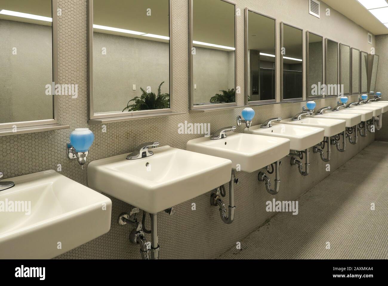 Sinks in a Large Public Restroom, USA Stock Photo