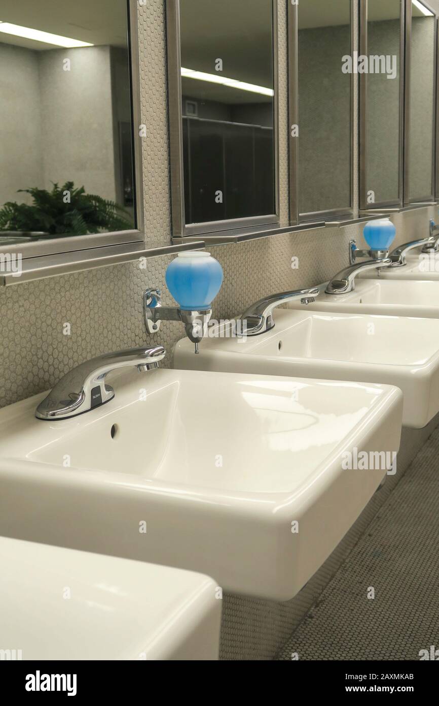 Sinks in a Large Public Restroom, USA Stock Photo