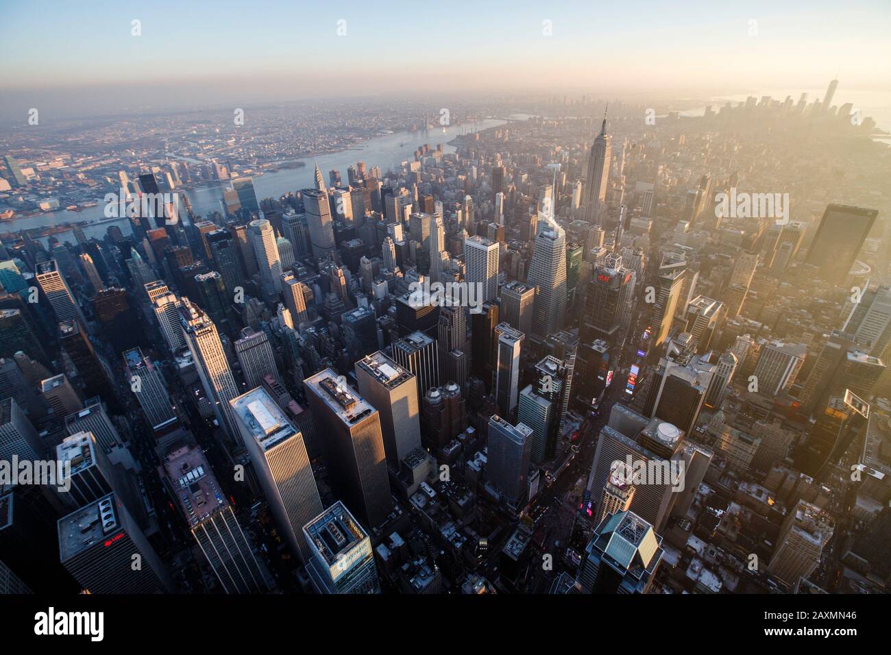 Sunset over Times Square and Midtown Manhattan in New York City, NY Stock Photo