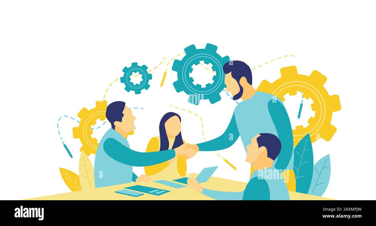 Flat vector illustration. The male team leader shakes hands with new team members at meetings in the office, shakes hands with partners, Stock Vector