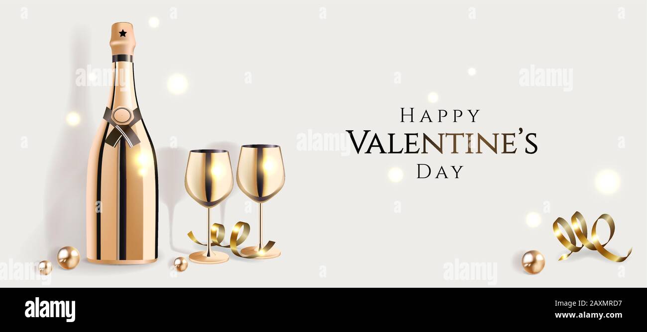 Happy Valentine's day poster with luxury golden champagne bottle and wine glasses and decorative elements, 14 February festive card, vector Stock Vector