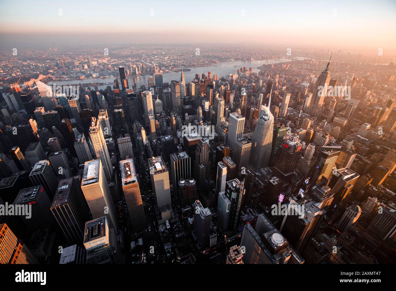 Sunset over Times Square and Midtown Manhattan, New York City Stock Photo