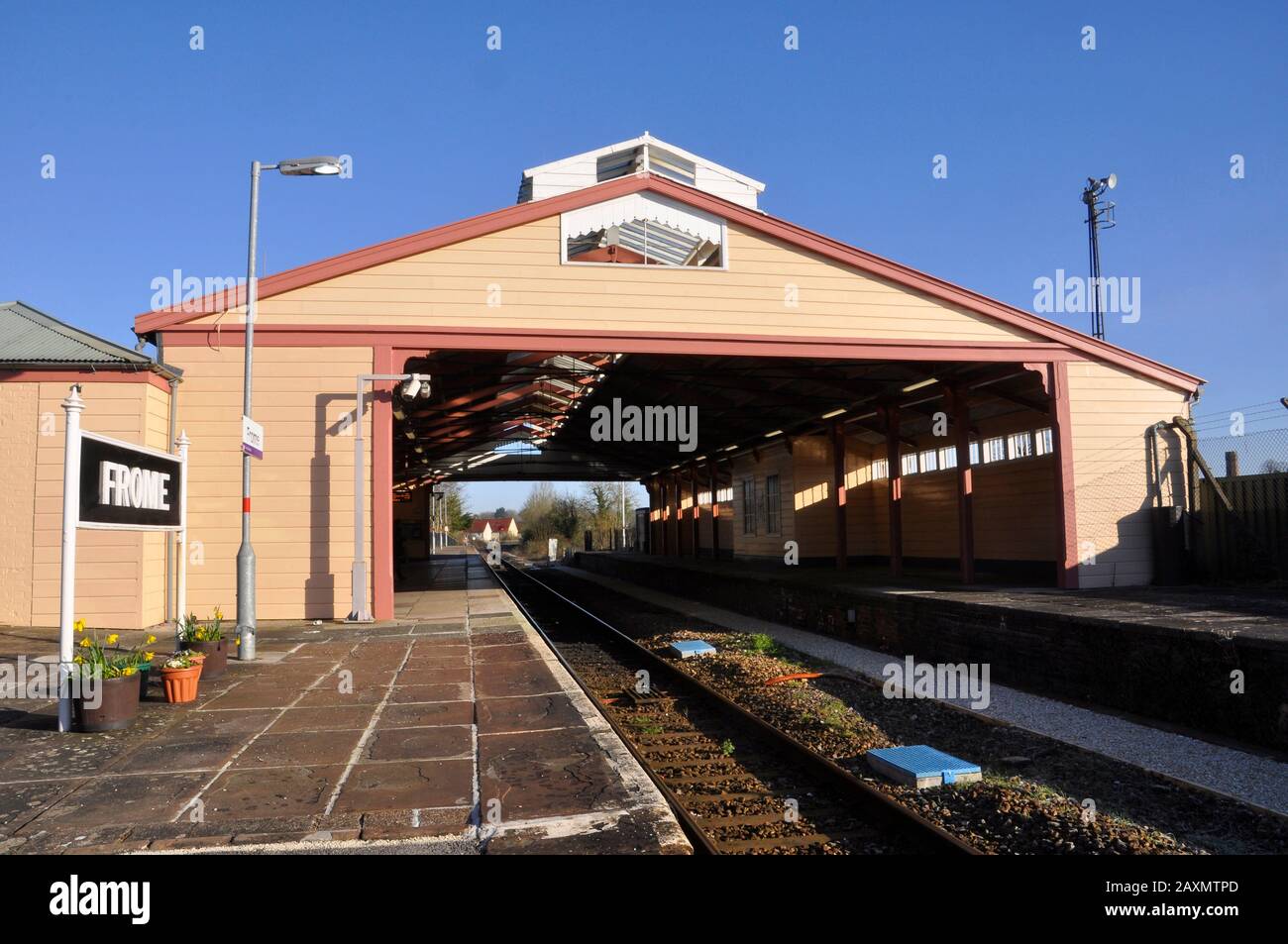 Frome railway station,one of the oldest through train shed railway stations still in use.Wooden construction opened in 1850 to a design by G Hannaford Stock Photo
