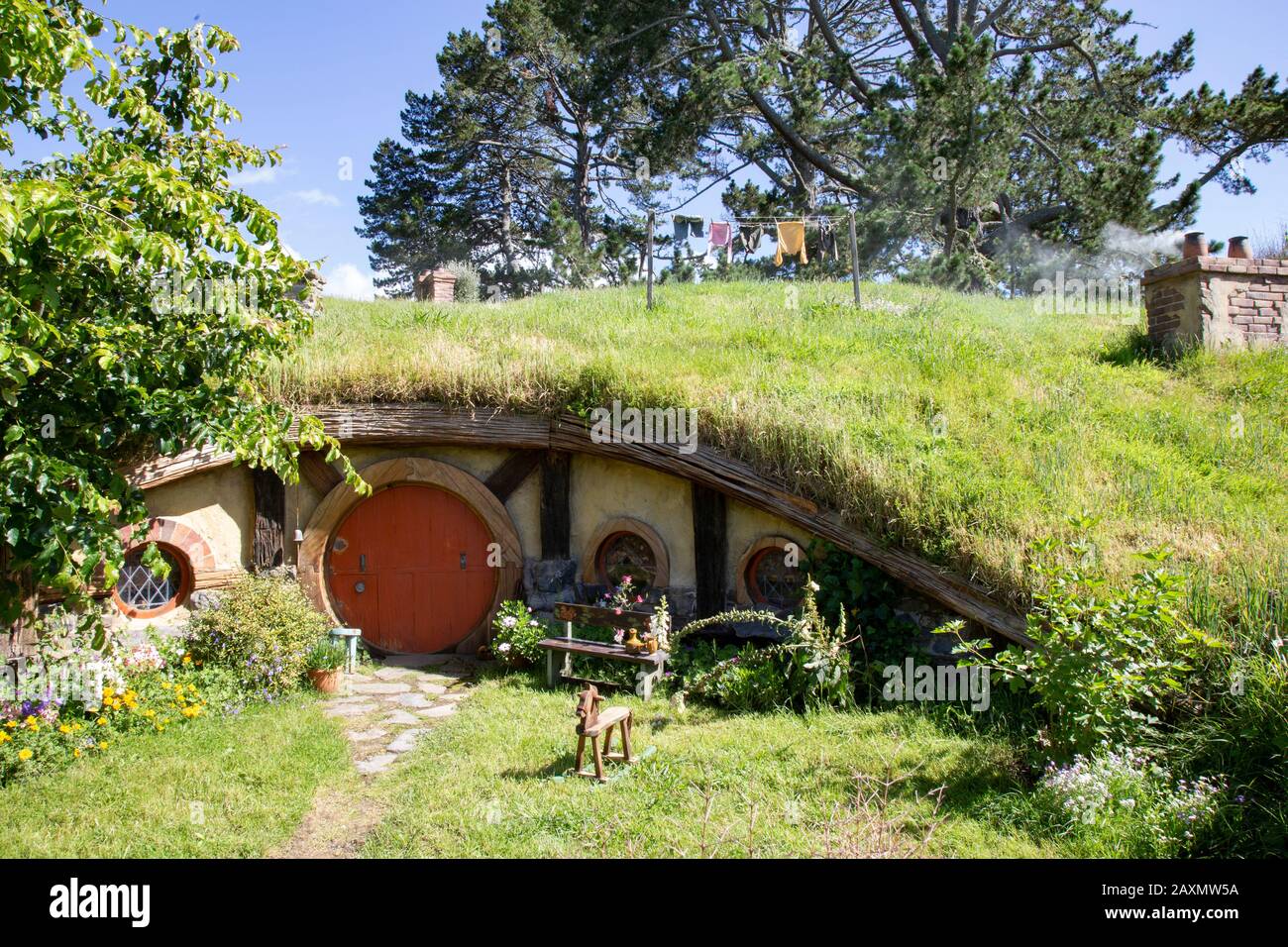 Little house at Movie set Hobbiton, New Zealand Stock Photo