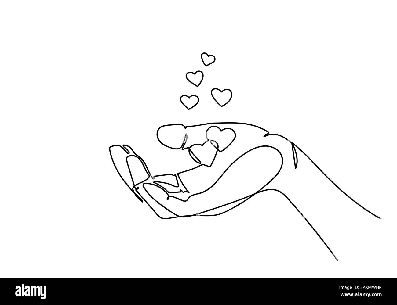 One continuous line drawing of hand holding the heart shape, vector ...