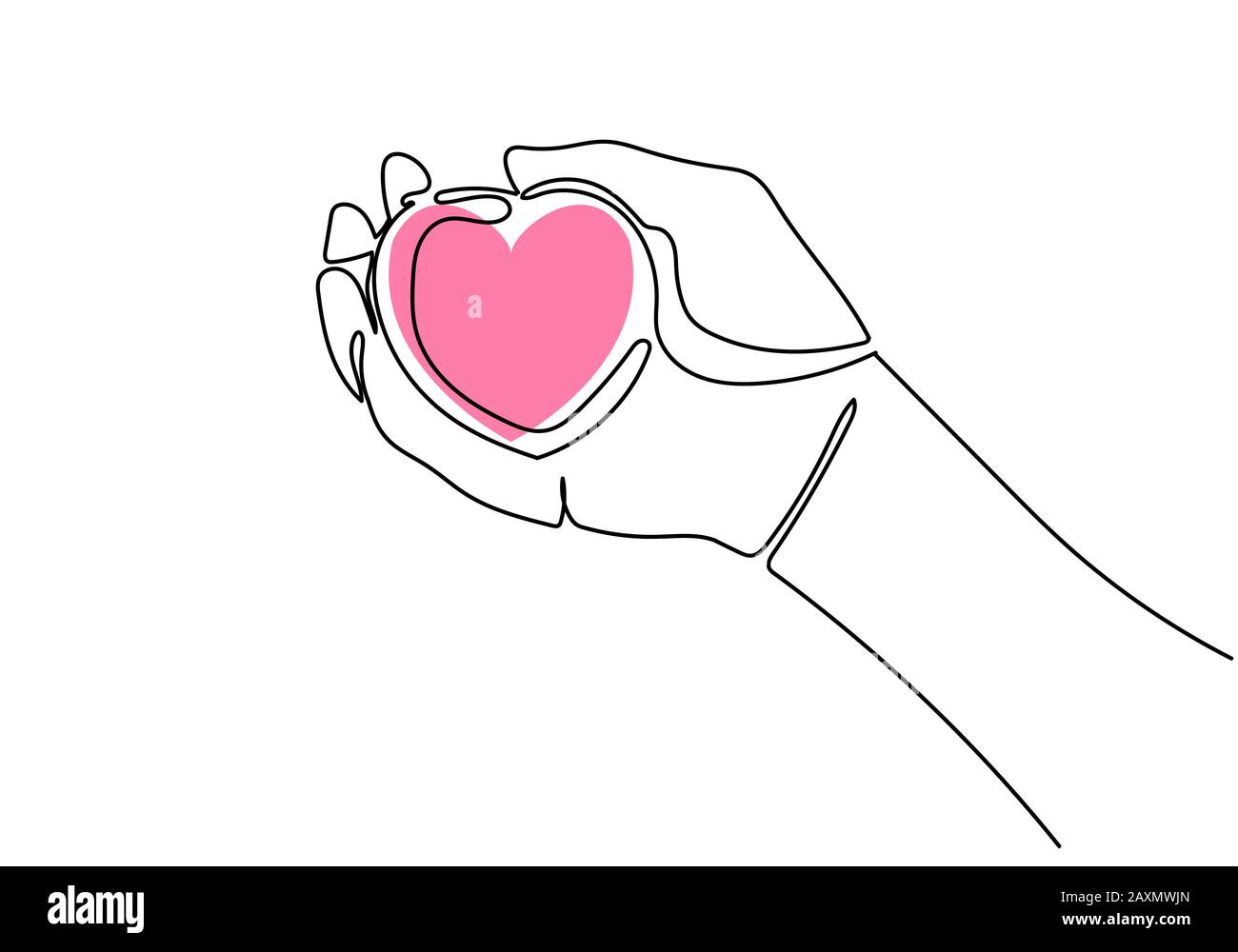 One continuous line drawing of hand holding the heart shape, vector ...