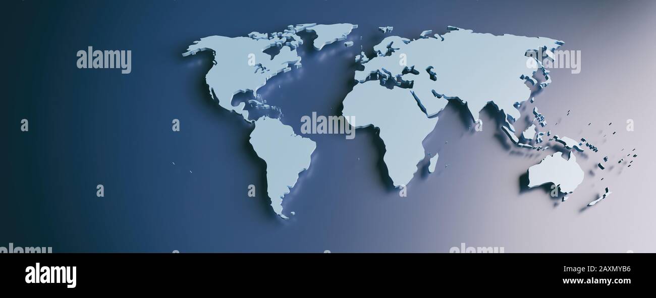 World map. Planet earth globe map flat, blank continents and countries against blue color background, smooth shadows, banner. 3d illustration Stock Photo