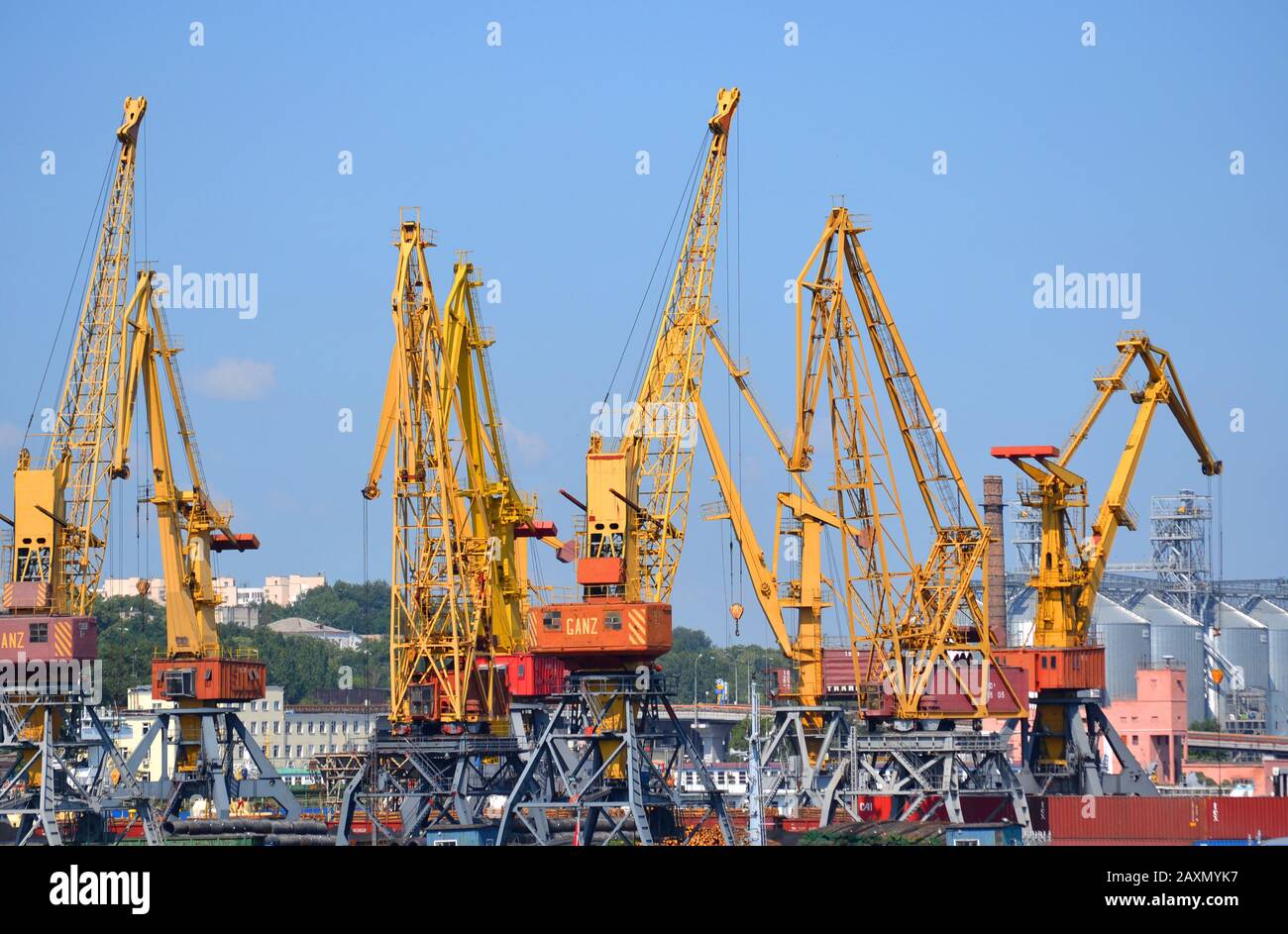 yellow cranes for lifting cargo at the sea port. City Odessa, Ukraine 18 July 2013 Stock Photo