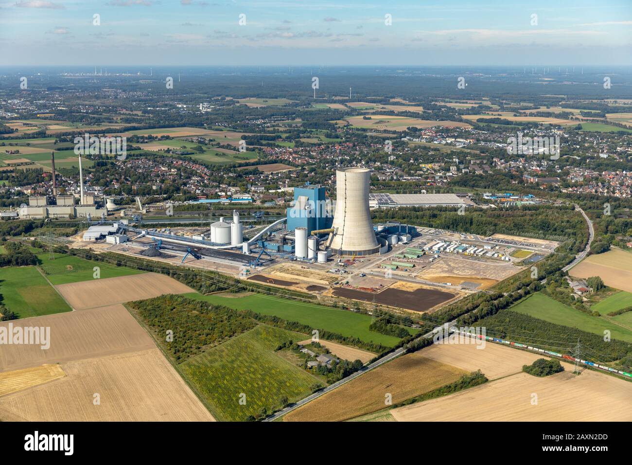 Aerial picture, new building, construction site, former building freeze, cooling tower, coal power station, power station, E.ON AG, Uniper, Dortmund E Stock Photo