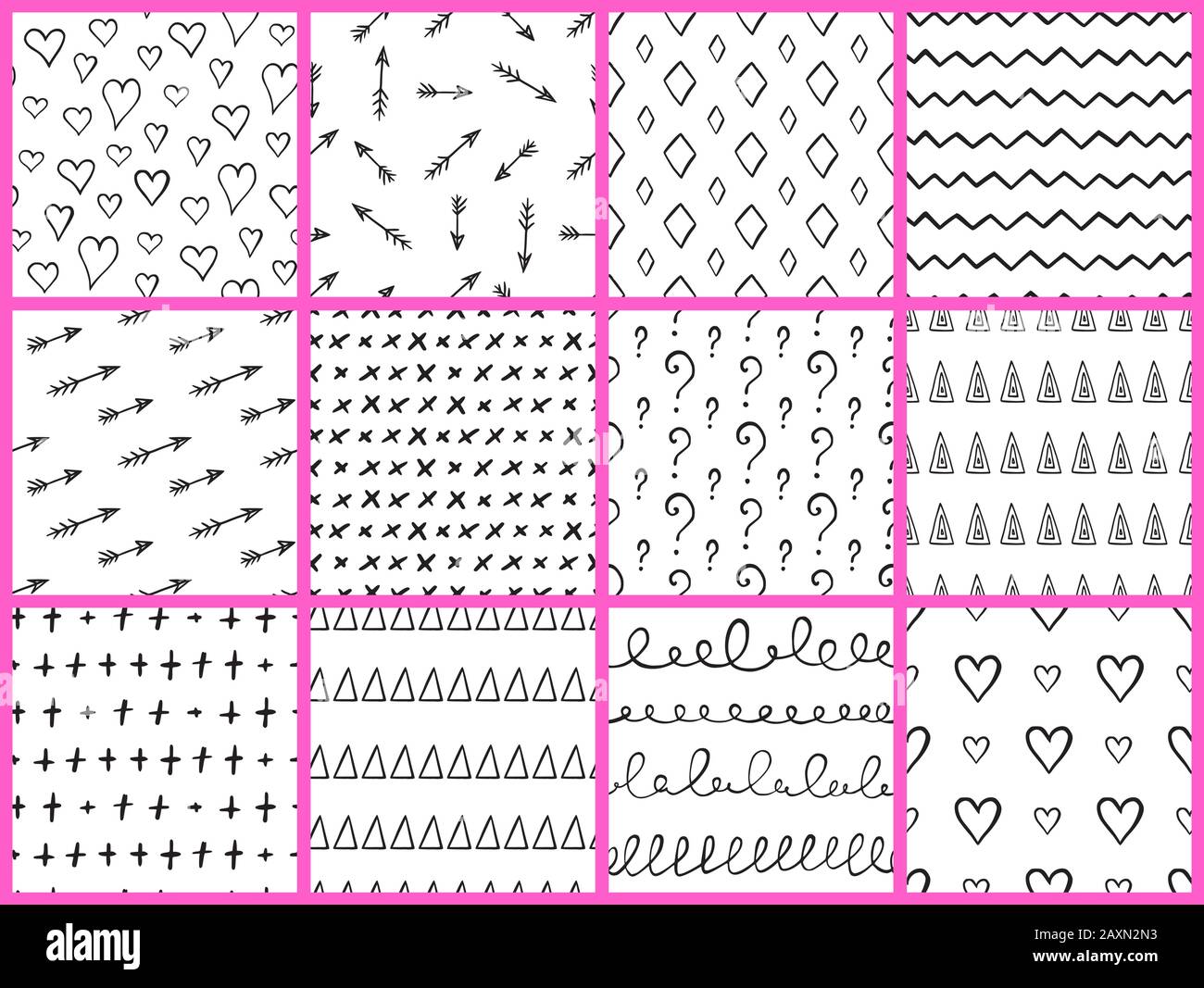 Set of abstract black and white doodle seamless patterns. Hand drawn ...