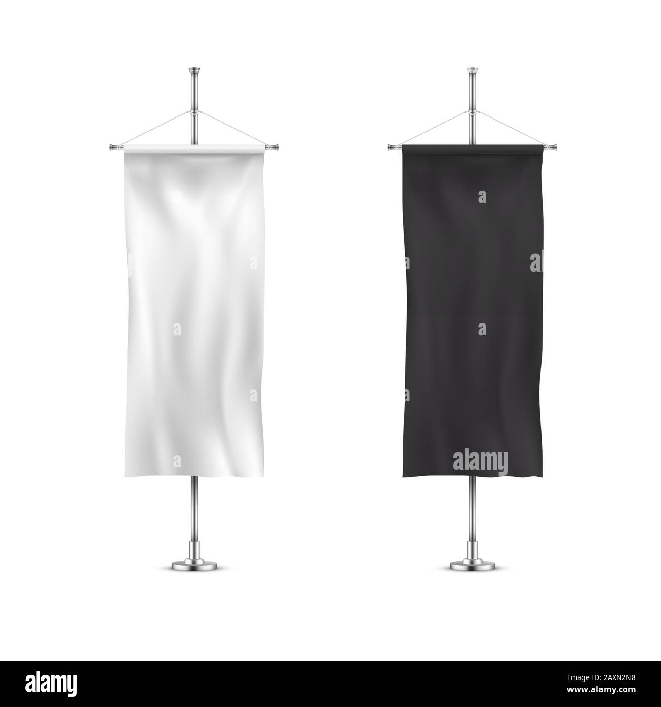 Vertical banners hanging on a metal flagpole white and black flags templates. Stock Vector