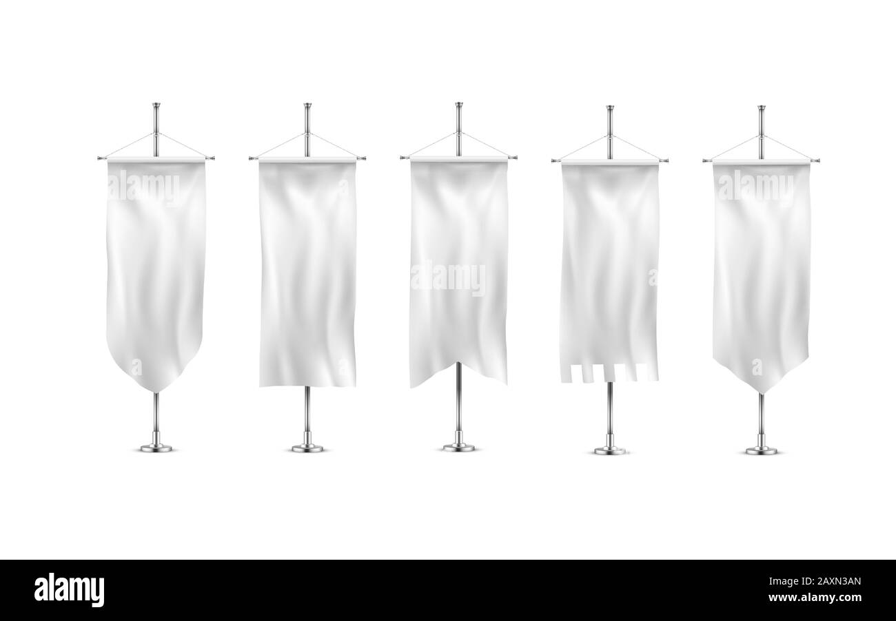 Vertical Banners Hanging On A Metal Flagpole White Flags Template