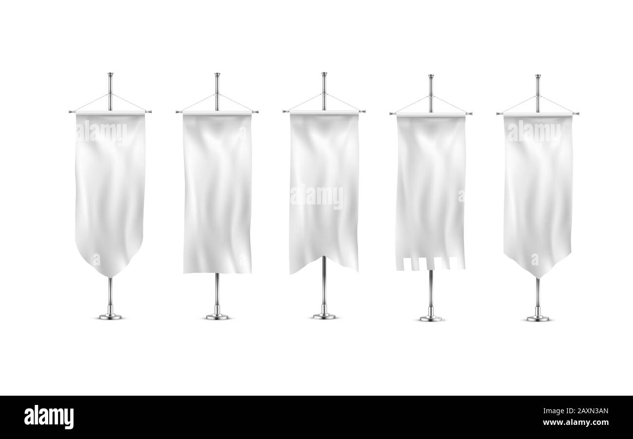 Vertical banners hanging on a metal flagpole white flags template. Stock Vector