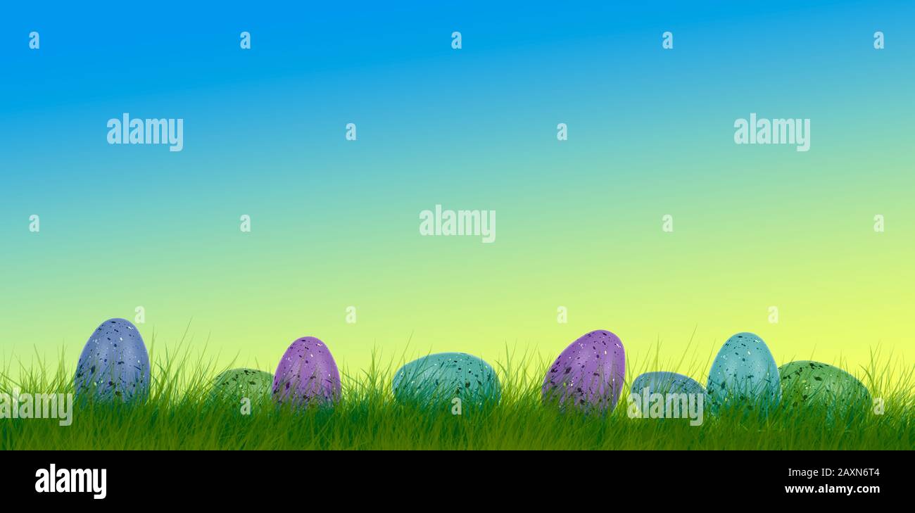 Many colorful painted easter eggs on grass Stock Photo