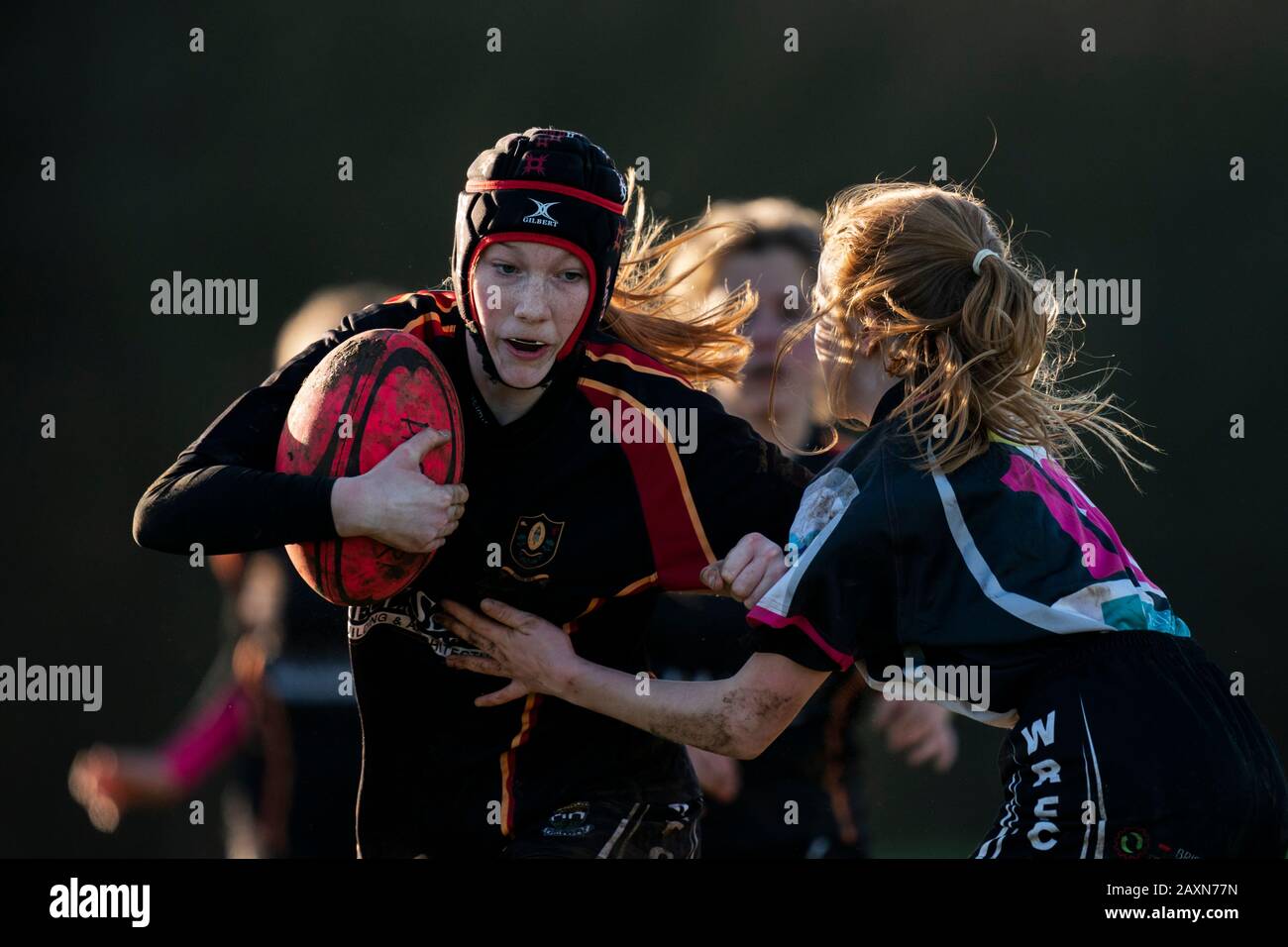 Yeovil RFC under 15 girls vs Chard RFC under 15 girls, Sunday, 19, January, 2020 - Sherborne, England, United Kingdom. Chard player in action. (Photo Stock Photo