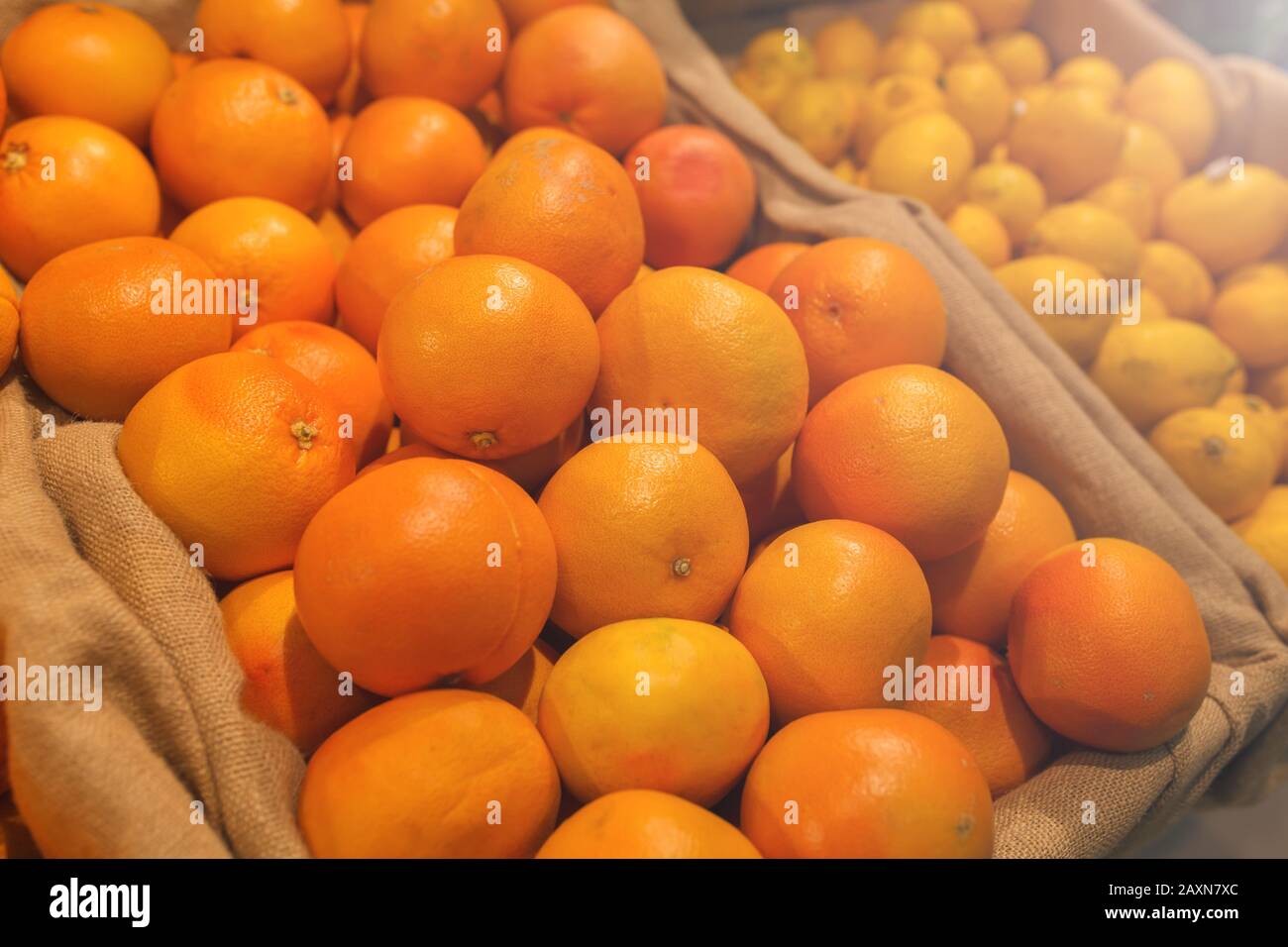 Orange in the grocery store. Food sanctions, Food basket Stock Photo