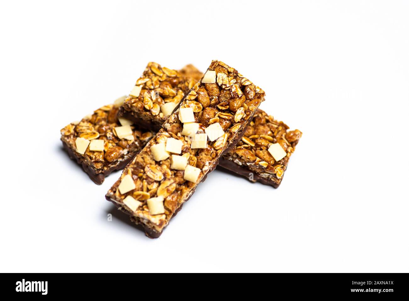 Protein granola bars with nuts isolated on white Stock Photo