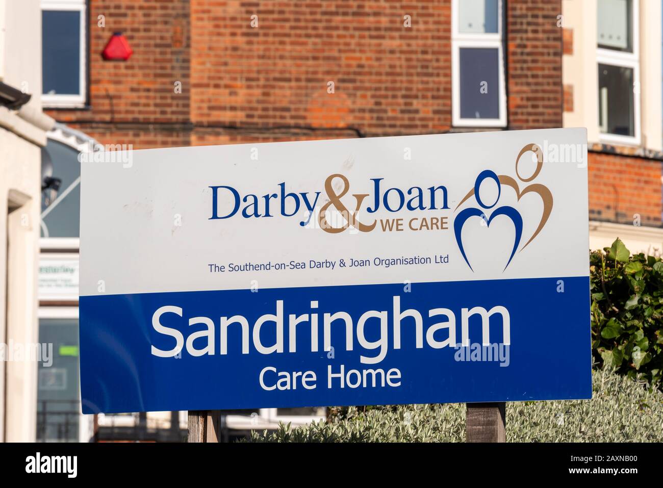 Sandringham Care Home, Darby & Joan, The Southend on Sea, Darby & Joan Organisation Ltd sign. Westcliff on Sea old people's home Stock Photo