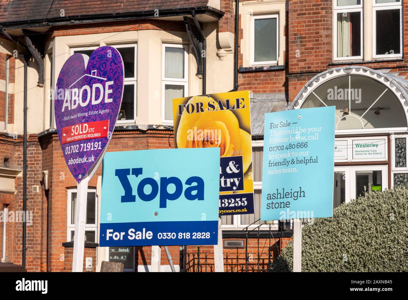 Yopa property for sale sign, among Abode, Town & Country and Ashleigh Stone signs. Online estate agent competing with traditional businesses Stock Photo