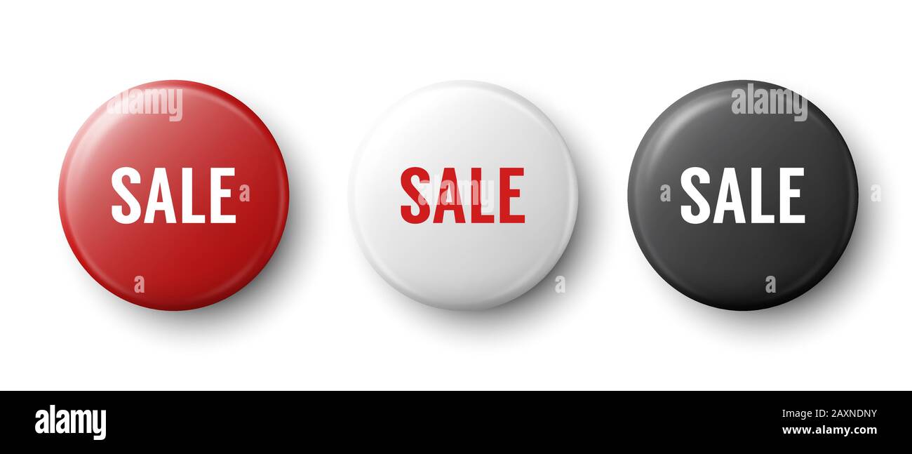 Vector 3d Realistic Red, White, Black Metal, Plastic Button Badge Set ...
