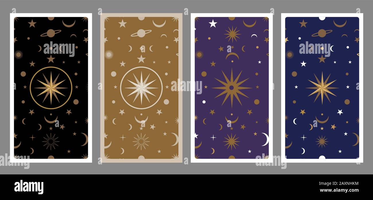 back of tarot card decorated with stars, sun and moon