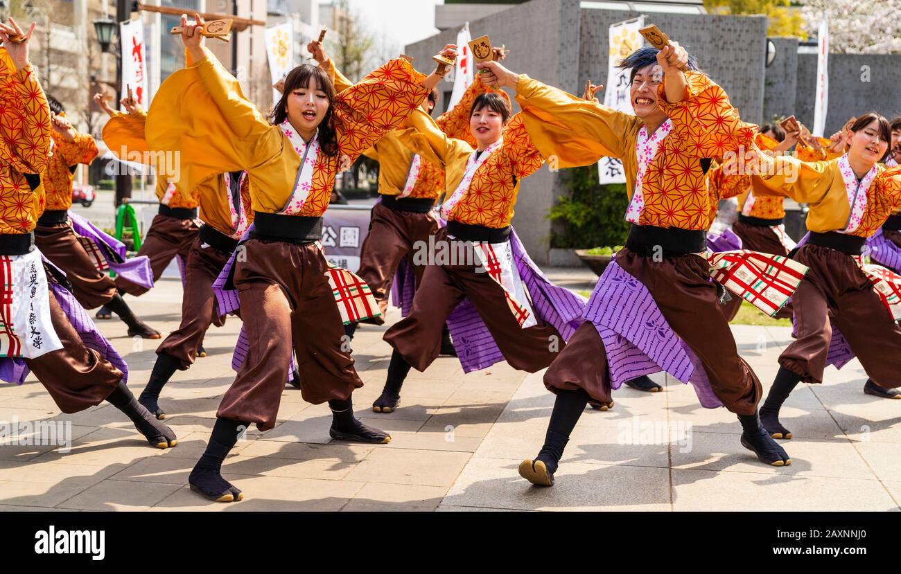 Japanese Yosakoi dance group, dancing outdoors in public square at the Kyusyu Gassai festival in Kumamoto. Dancers iholding naruko, clappers. Daytime. Stock Photo