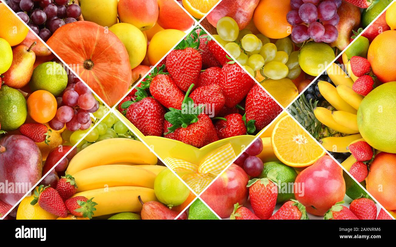 Collection fresh fruits background. Wide photo Stock Photo Alamy