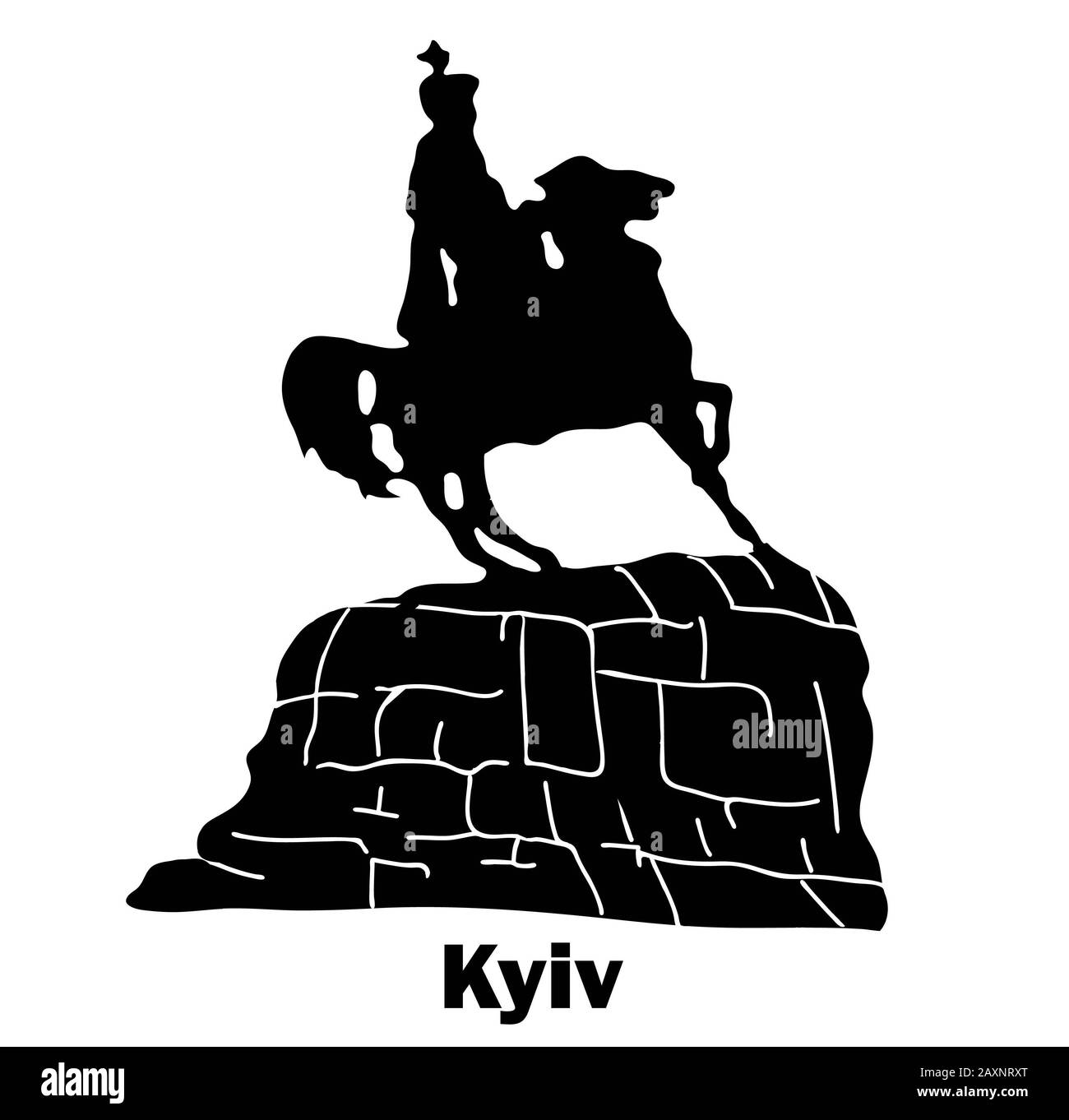 Sights of Ukraine. Monument to Kozak. Bohdan Khmelnytsky. The horseman on horseback. Kiev. Logo illustration. Stock Photo