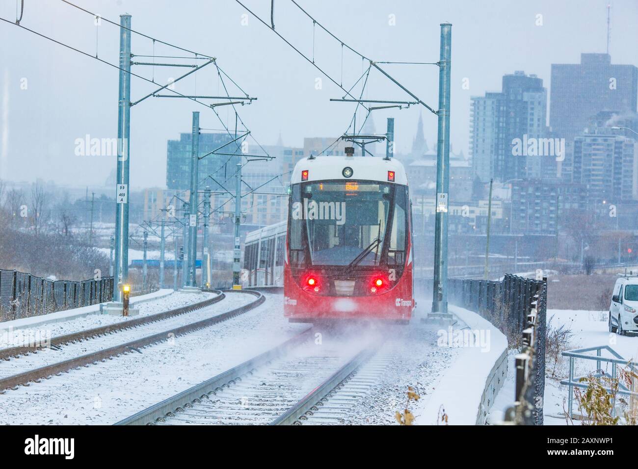 Ottawa's Light Rail stations and trains, in action, during the winter. Stock Photo