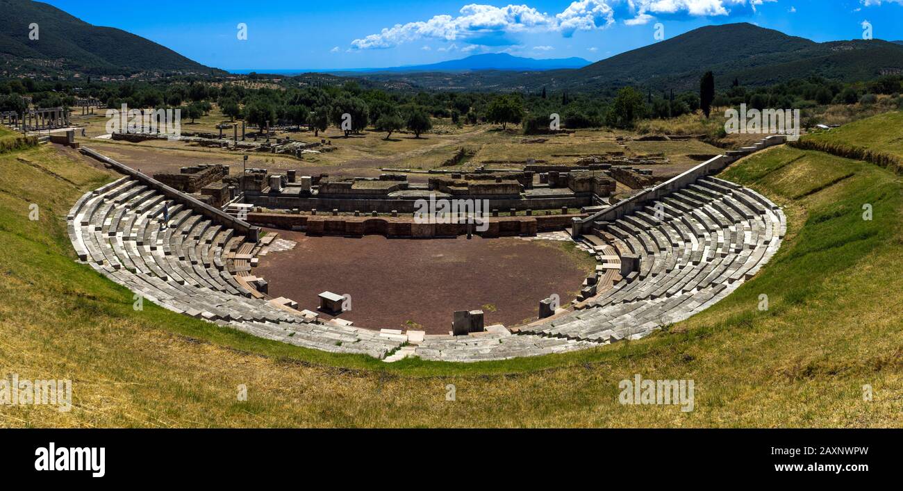 Ancient theater in Greece, Messene.  Public Archaeological Site. Stock Photo