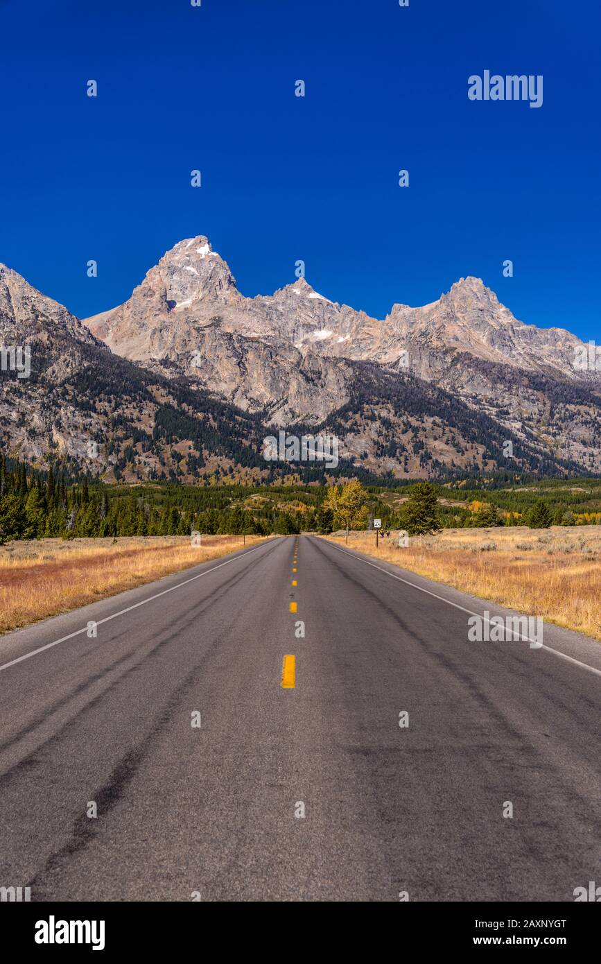 The USA, Wyoming, Grand Teton Nationwide park, mosses, Teton Range with Teton park Road close Windy Point Stock Photo