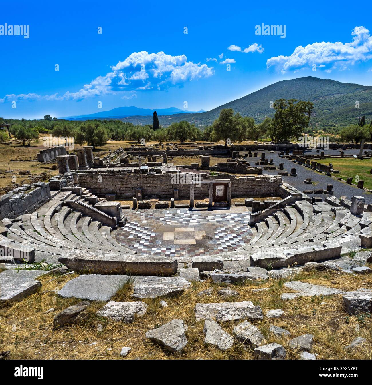 Ancient Greece, Messene. The Ekklesiasterion, used for cultic performance and political gatherings. Public Archaeological Site. Stock Photo