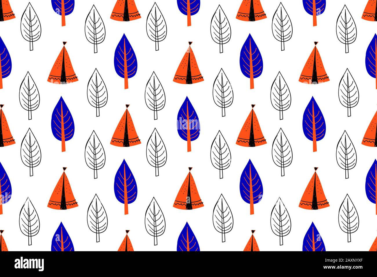 Seamless pattern in scandinavian style for children .. Cute cartoon trees on a white background. Stock Photo