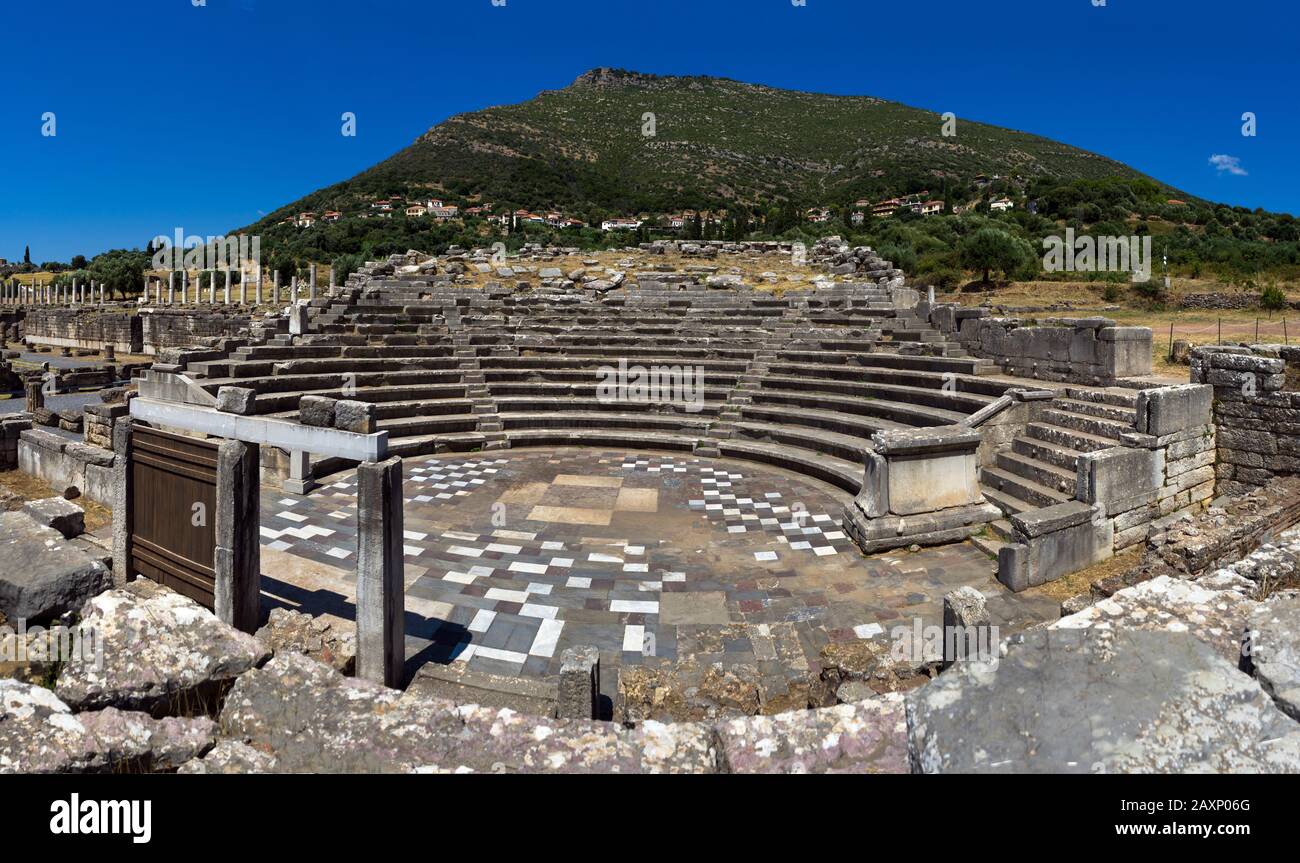 Ancient Greece, Messene. The Ekklesiasterion, used for cultic performance and political gatherings. Public Archaeological Site. Stock Photo