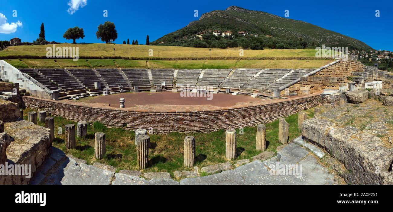 Ancient theater in Greece, Messene.  Public Archaeological Site. Stock Photo