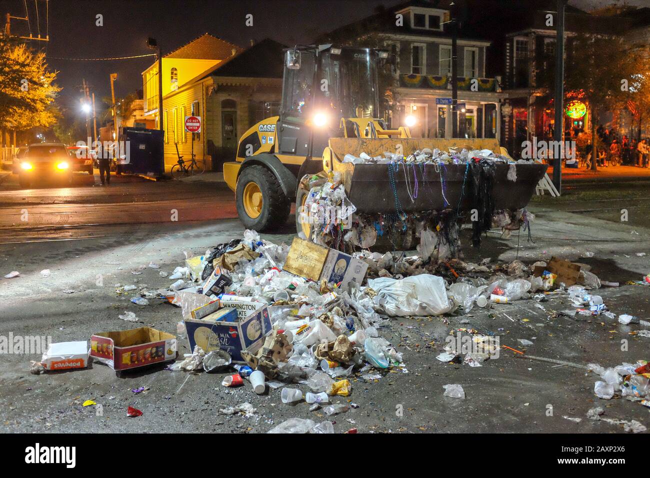 Cleanup after Mardi Gras Parade on St. Charles Avenue in New Orleans Stock Photo