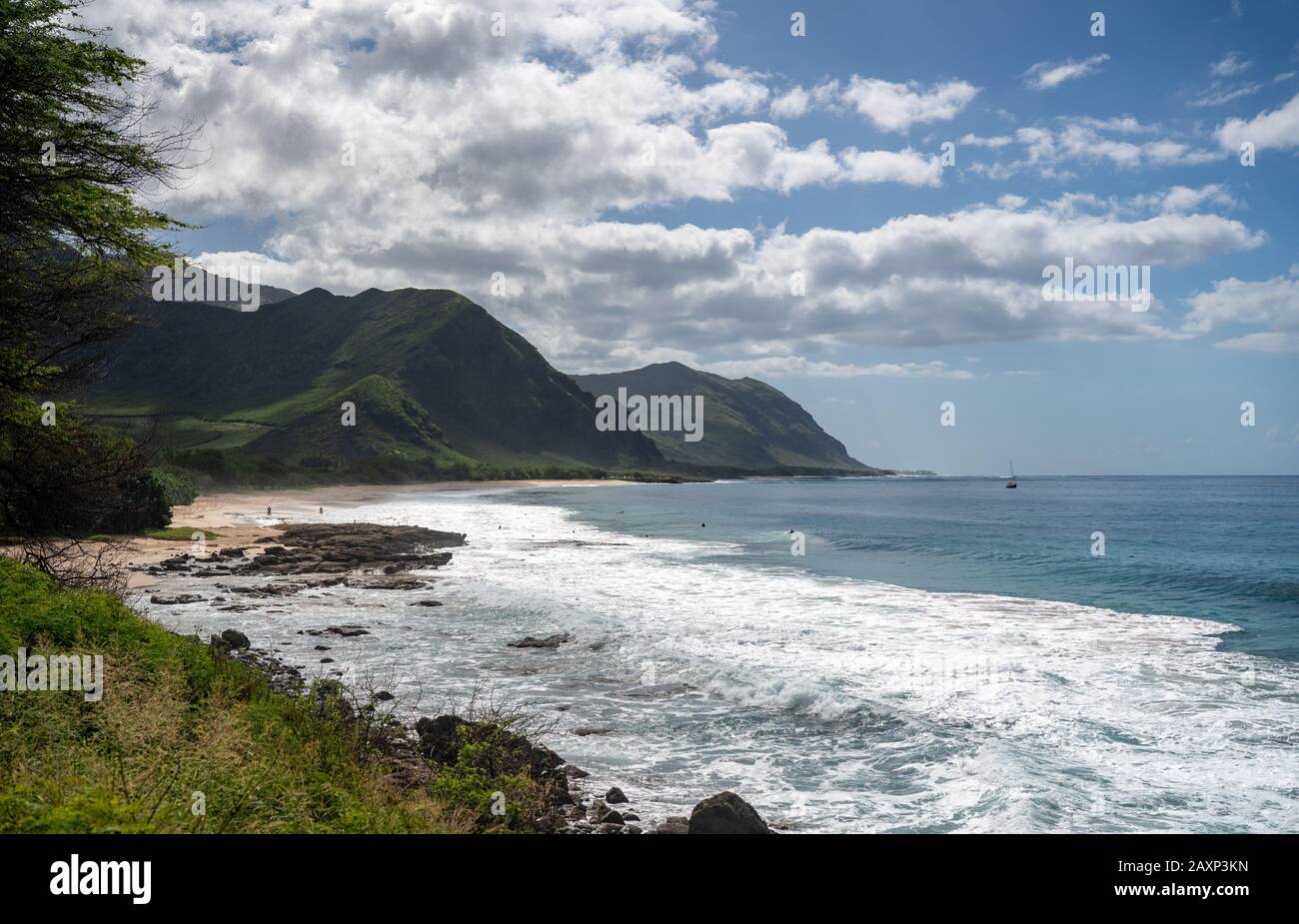 Panorama of Ka'ena Point at the end of the road along the west coast of Oahu, Hawaii Stock Photo