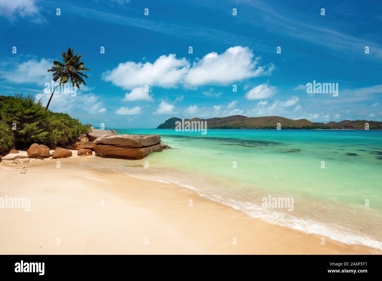 Tropical Paradise Beach in Seychelles, Praslin Island, near Anse Takamaka Stock Photo