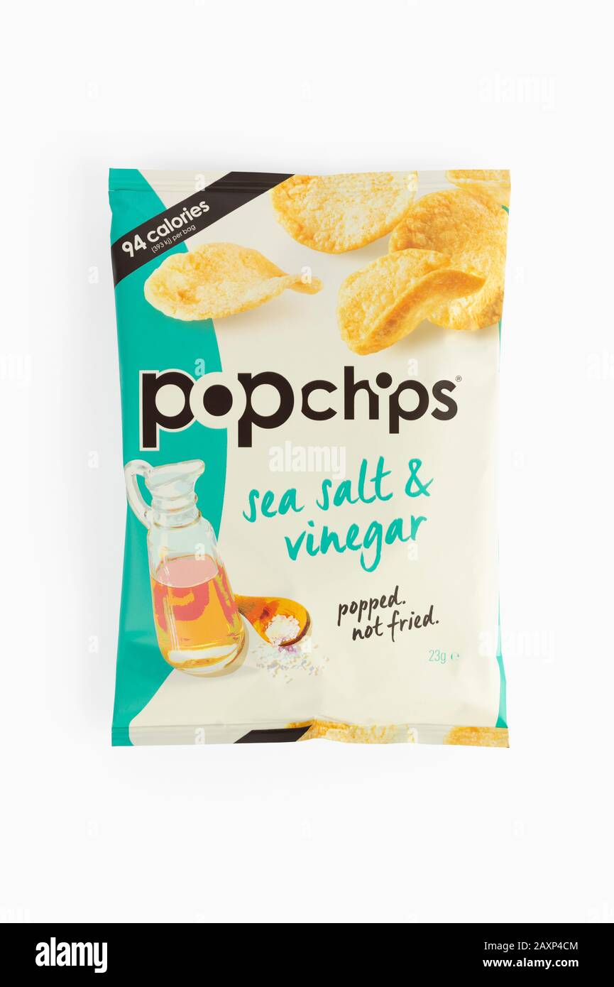 A packet of Popchips crisps shot on a white background. Stock Photo
