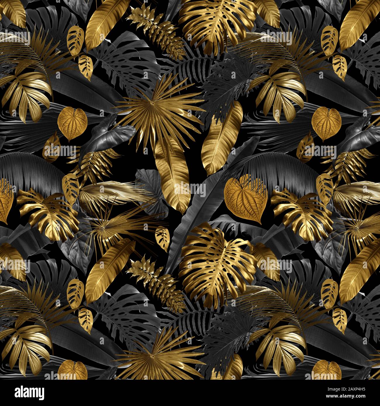 Seamless pattern with tropical leaves in gold color and black, can be