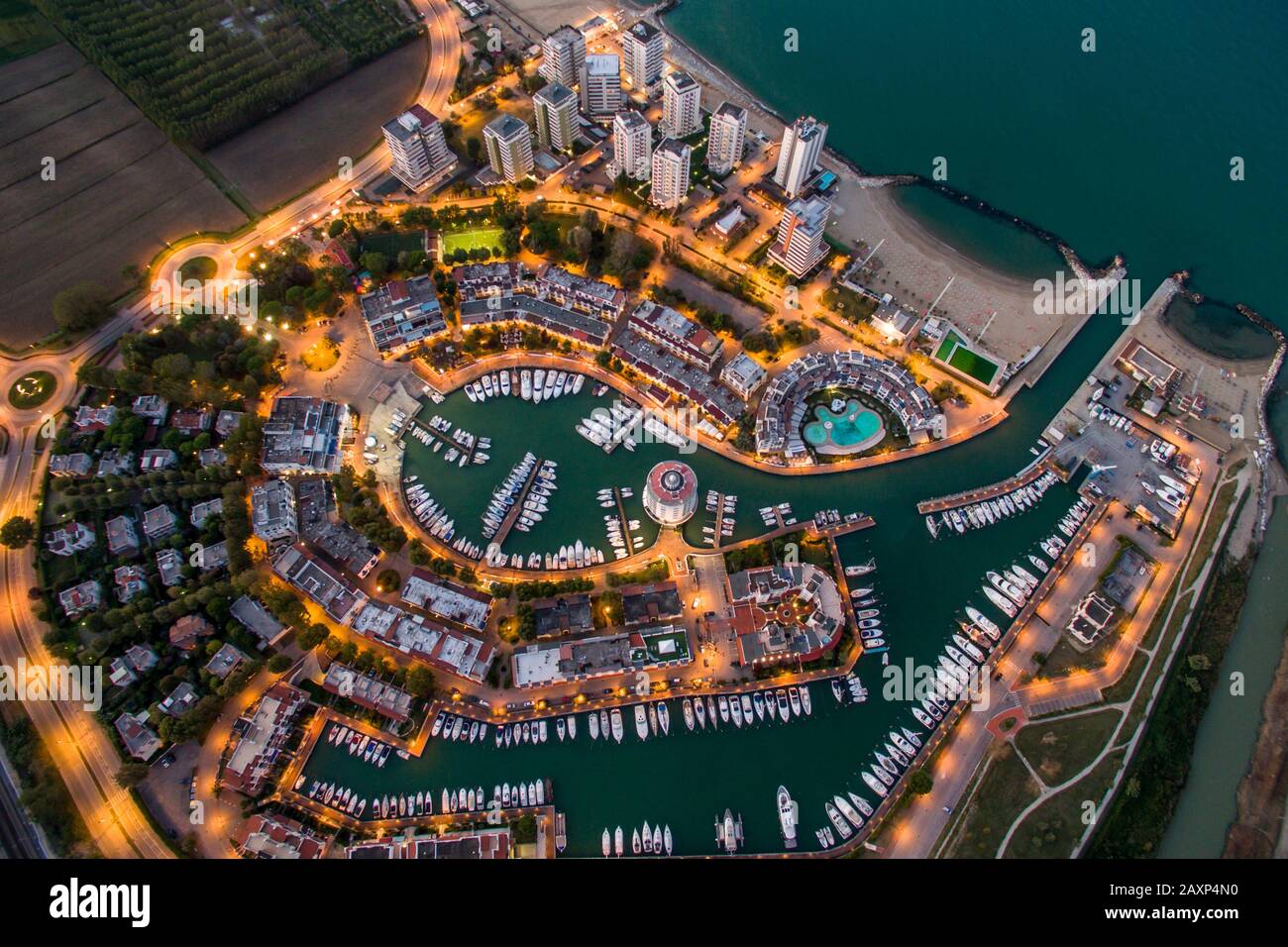 top down view of marina harbour at sunset Stock Photo