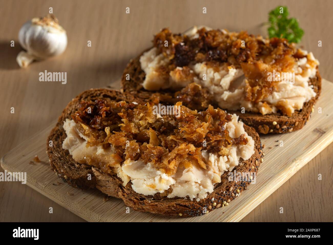 Iahnie - Romanian traditional food made from mashed beans and fried onion Stock Photo